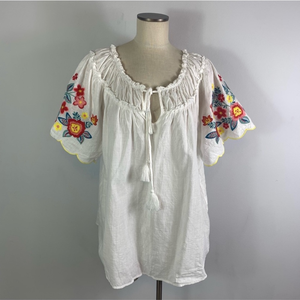 Perfectly Priscilla Embroidered Scalloped Trim Tie Front Blouse Top Size 2XL